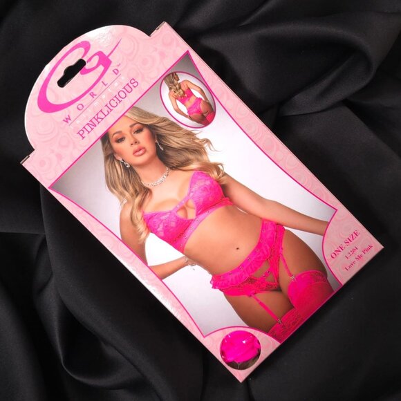 Pink Lace Bra Panty Garter Set 3 Piece One Size G World Intimates - Picture 5 of 9